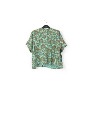 Khaki and turquoise oversized cotton-poplin shirt with floral print