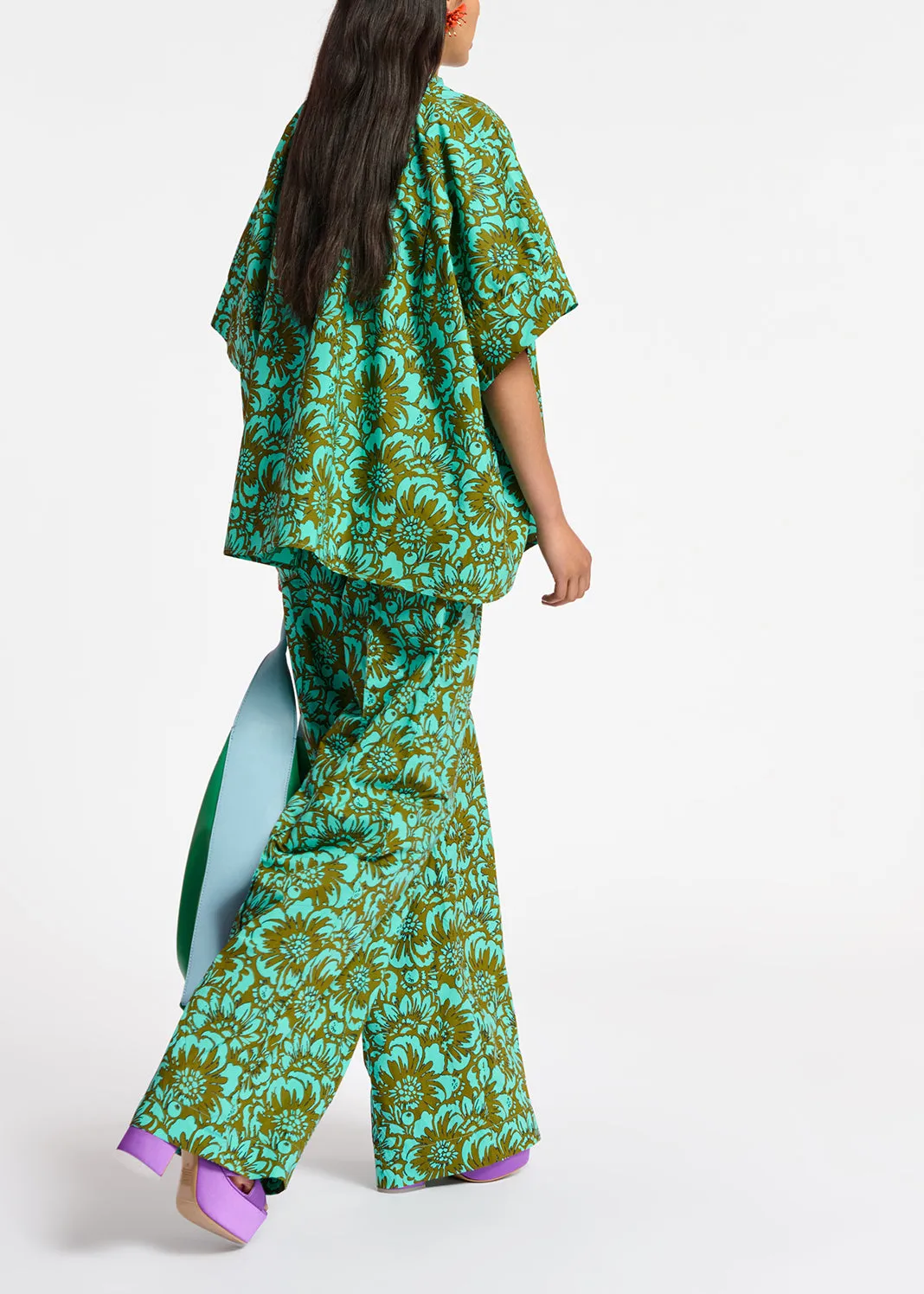Khaki and turquoise oversized cotton-poplin shirt with floral print