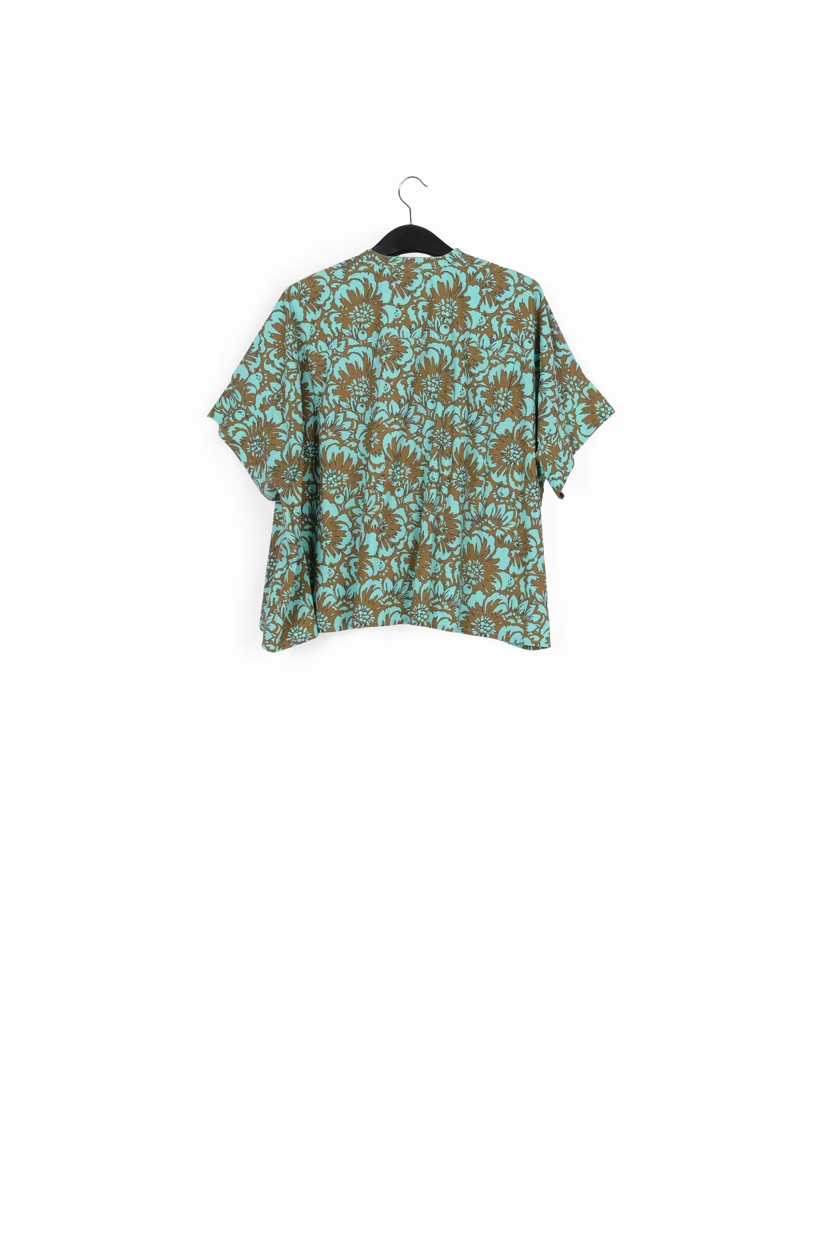 Khaki and turquoise oversized cotton-poplin shirt with floral print