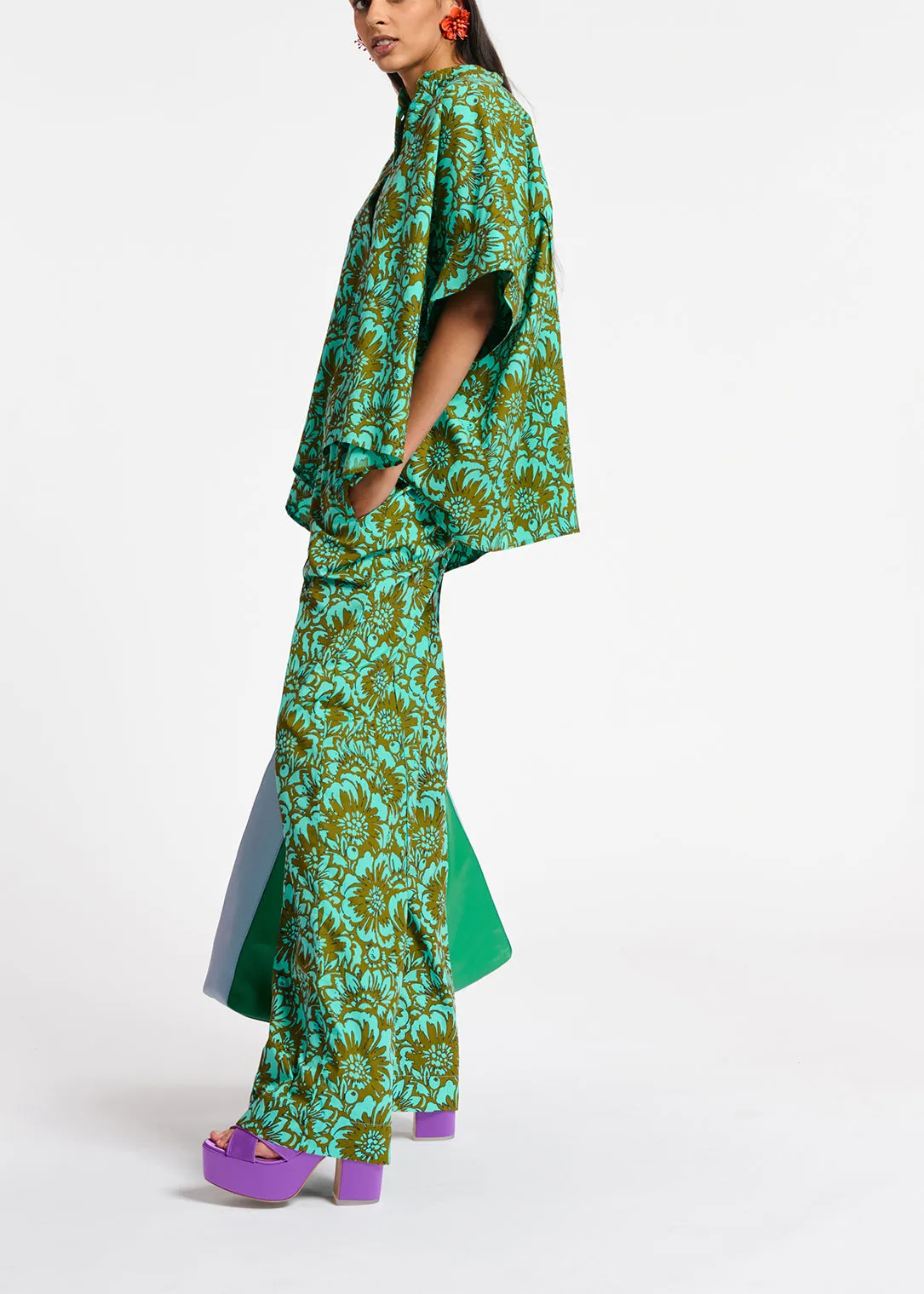 Khaki and turquoise oversized cotton-poplin shirt with floral print