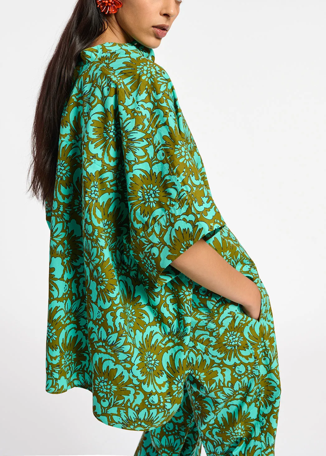 Khaki and turquoise oversized cotton-poplin shirt with floral print