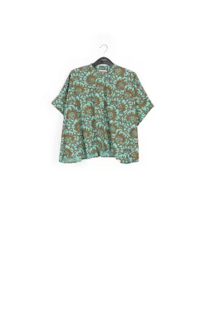 Khaki and turquoise oversized cotton-poplin shirt with floral print