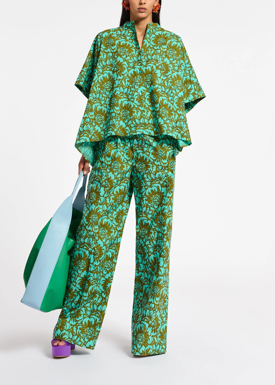 Khaki and turquoise oversized cotton-poplin shirt with floral print