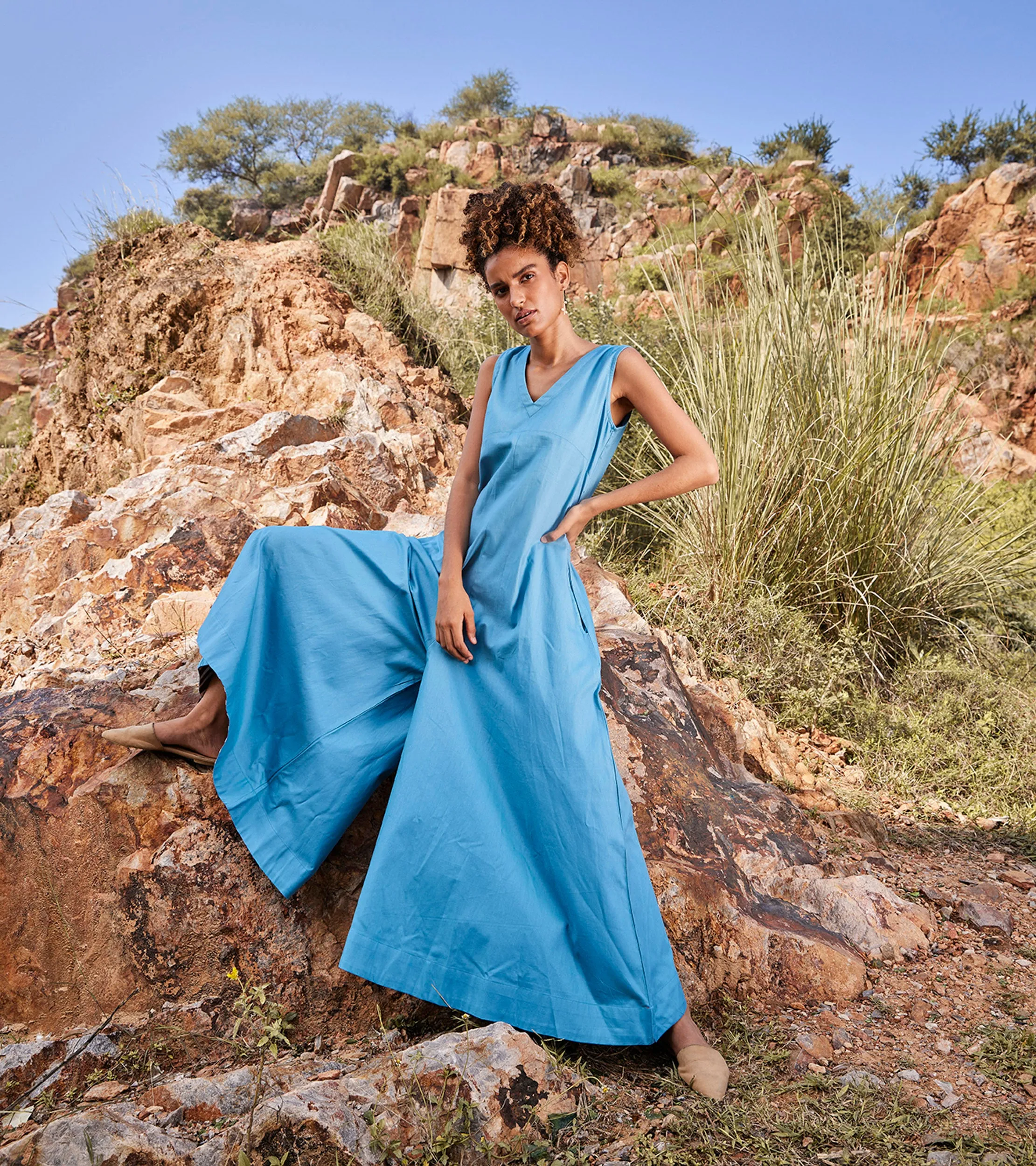 Khara Kapas Whisper Of Air Jumpsuit Twill Weave Cotton  Blue KW683