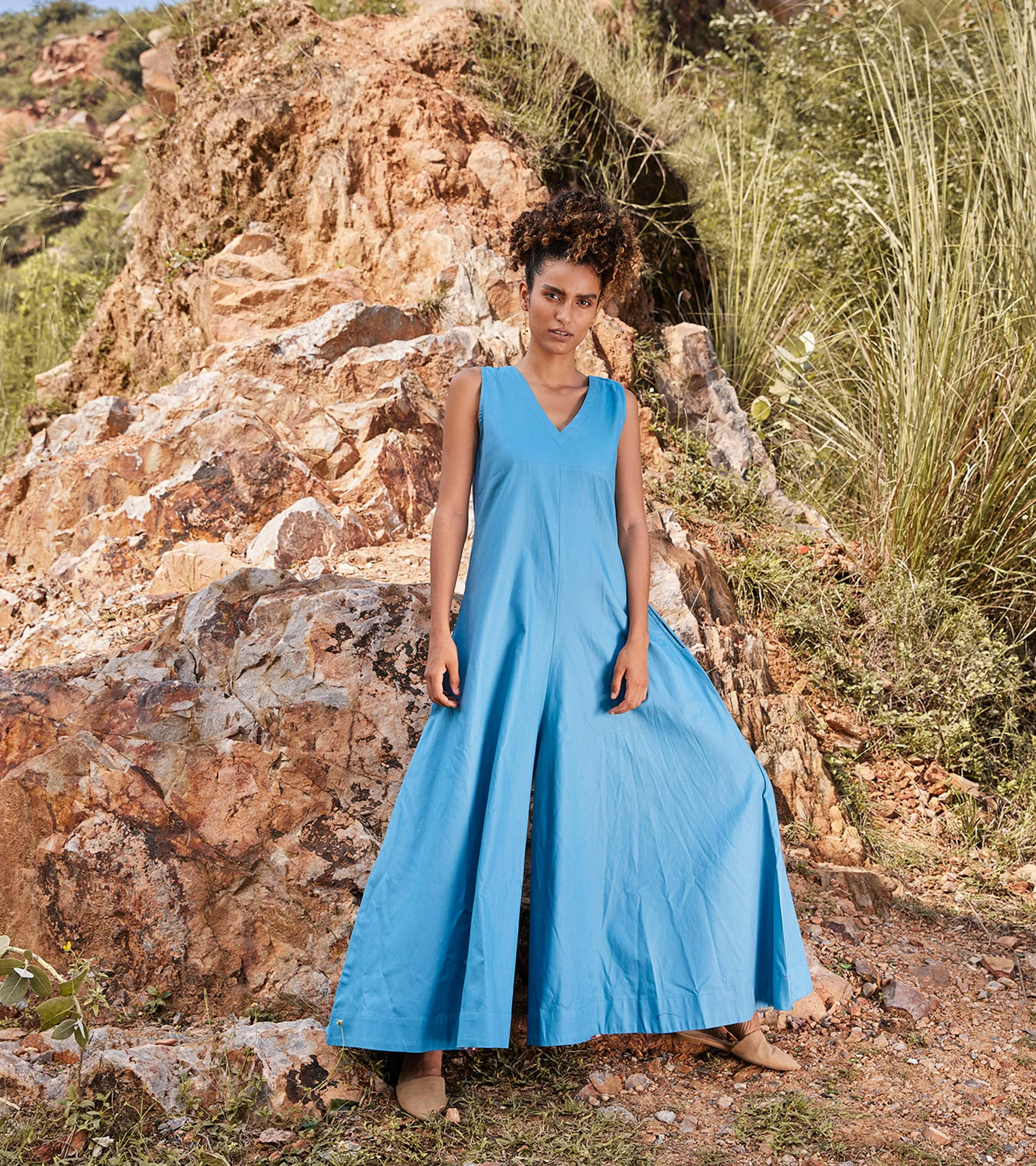 Khara Kapas Whisper Of Air Jumpsuit Twill Weave Cotton  Blue KW683