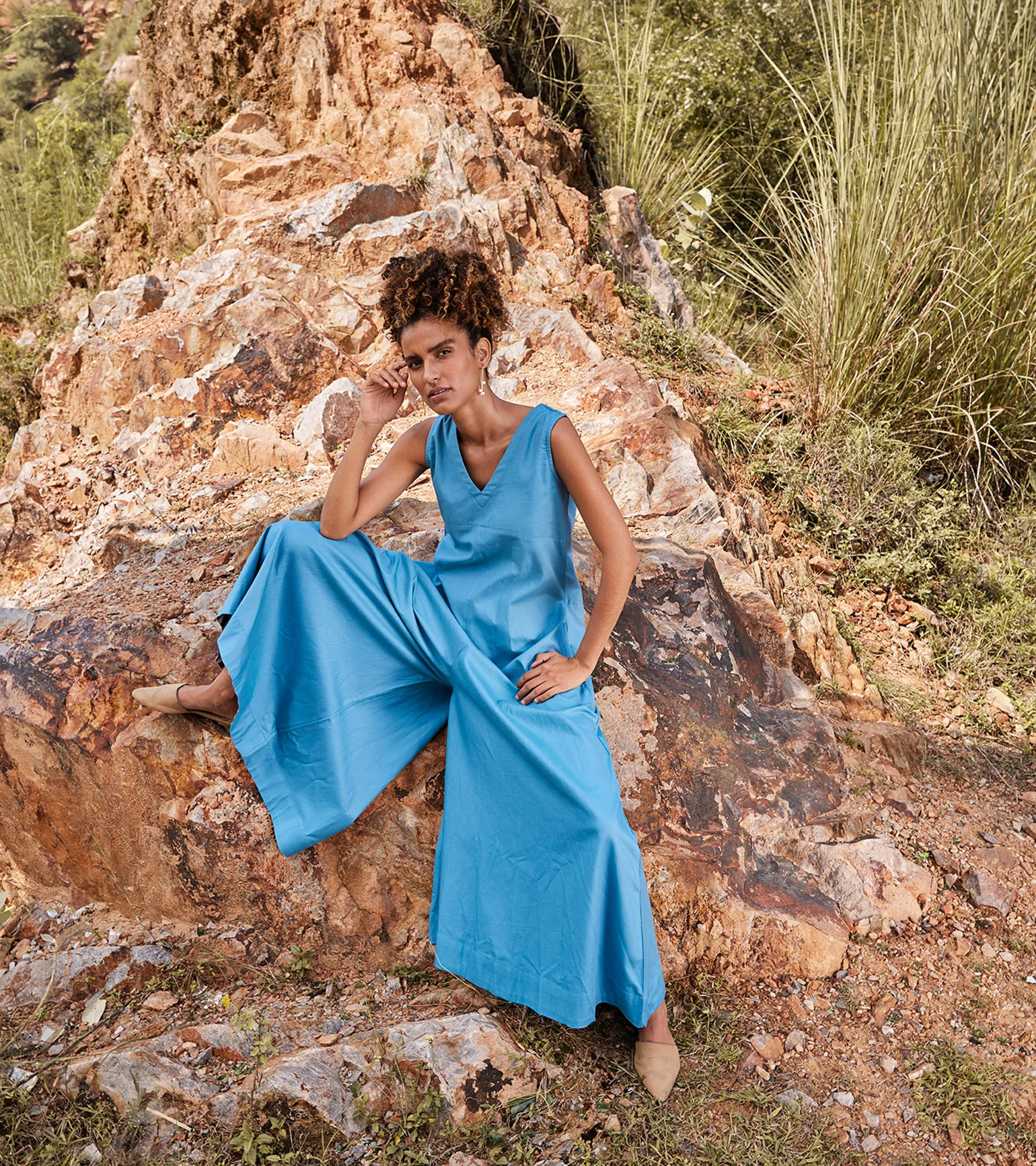 Khara Kapas Whisper Of Air Jumpsuit Twill Weave Cotton  Blue KW683