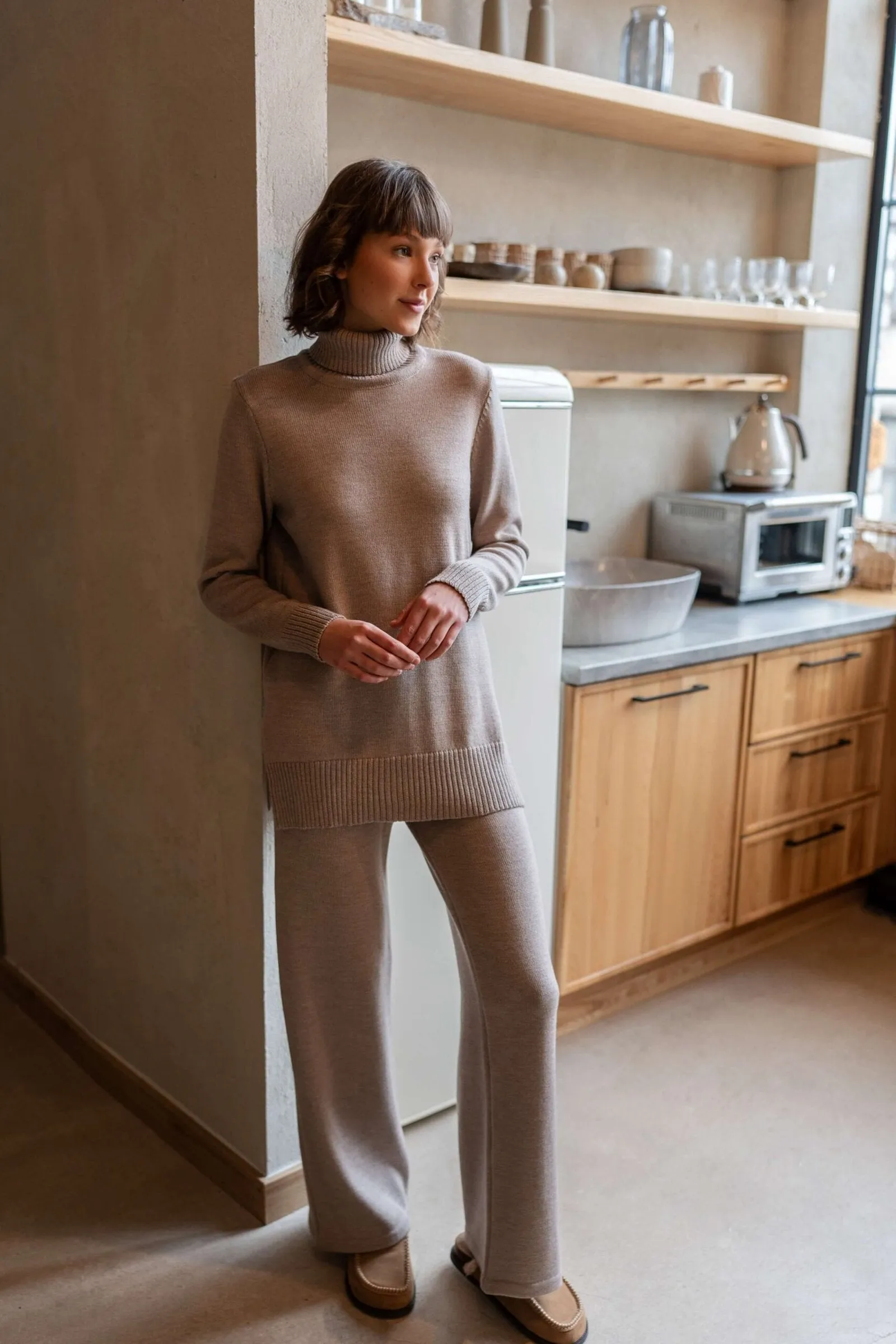 Knitted Merino Wool Pants & Sweater Set Beige