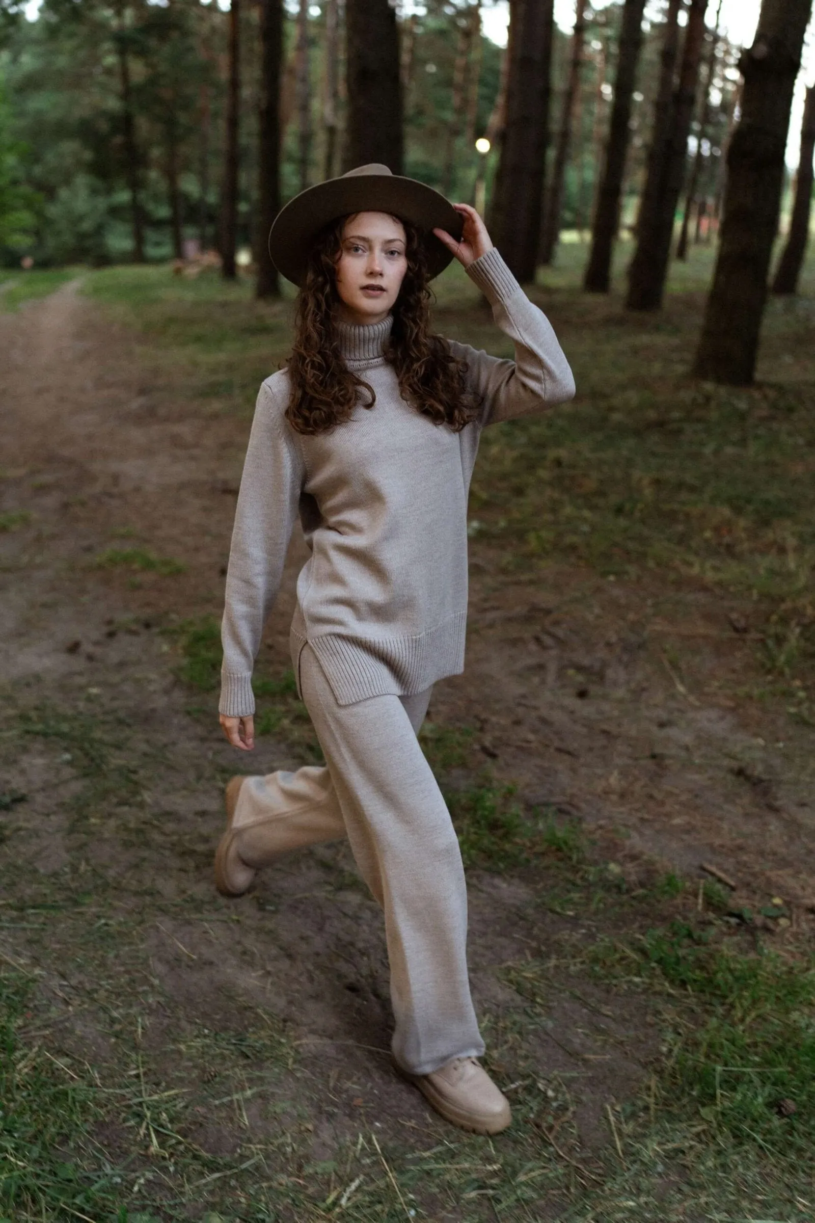 Knitted Merino Wool Pants & Sweater Set Beige
