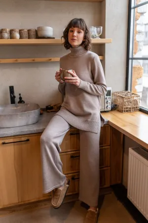 Knitted Merino Wool Pants & Sweater Set Beige