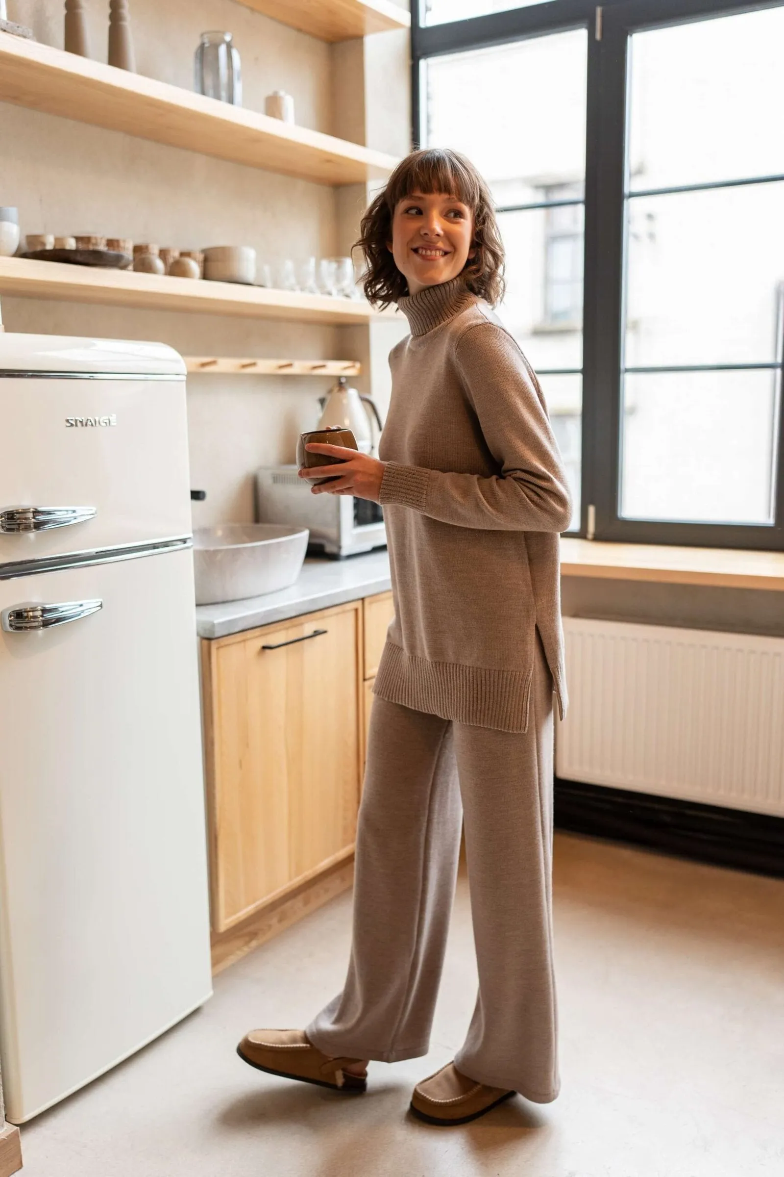 Knitted Merino Wool Pants & Sweater Set Beige