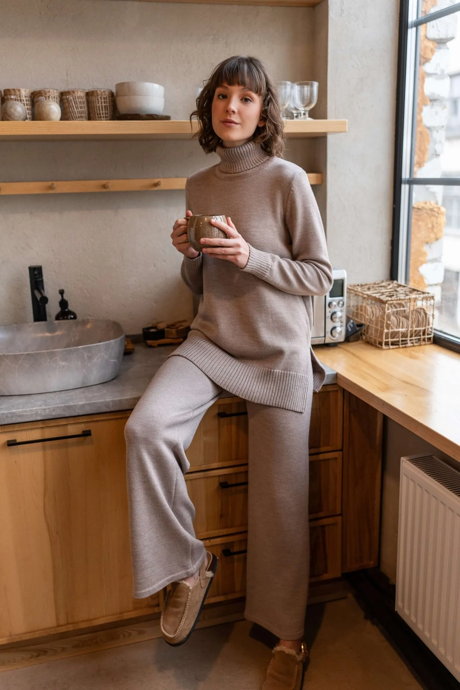 Knitted Merino Wool Pants & Sweater Set Beige
