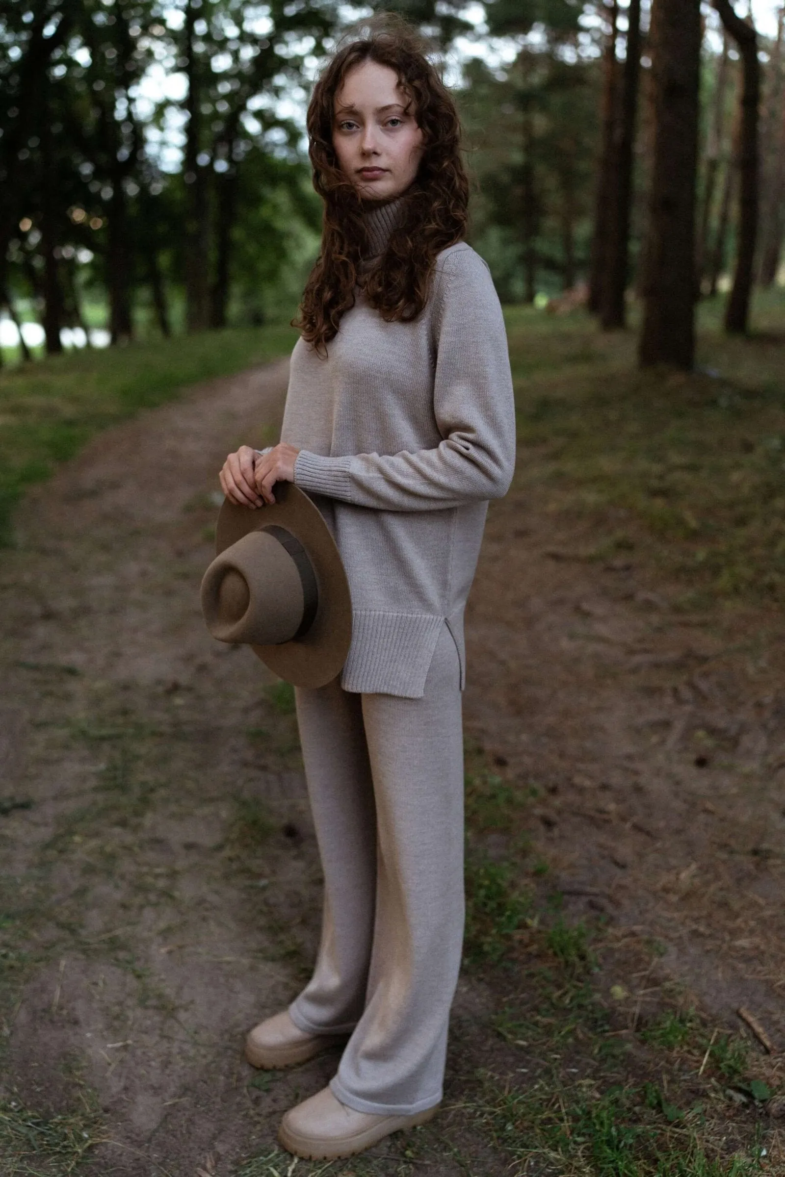 Knitted Merino Wool Pants & Sweater Set Beige