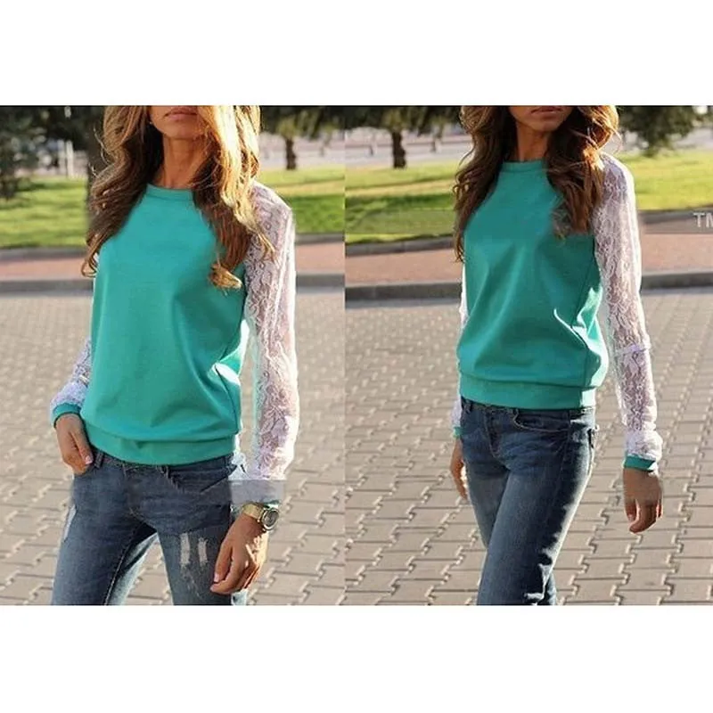 Lace Blouses Shirts Women Long Sleeve Blouse Shirt Shirt Blouse Shirt Tops Solid O Neck Casual