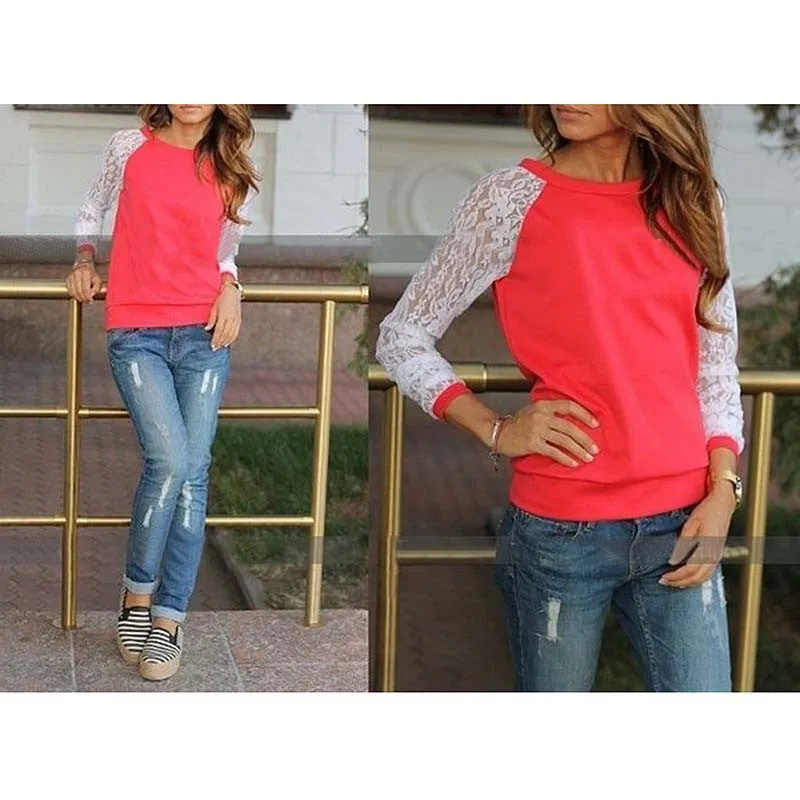 Lace Blouses Shirts Women Long Sleeve Blouse Shirt Shirt Blouse Shirt Tops Solid O Neck Casual