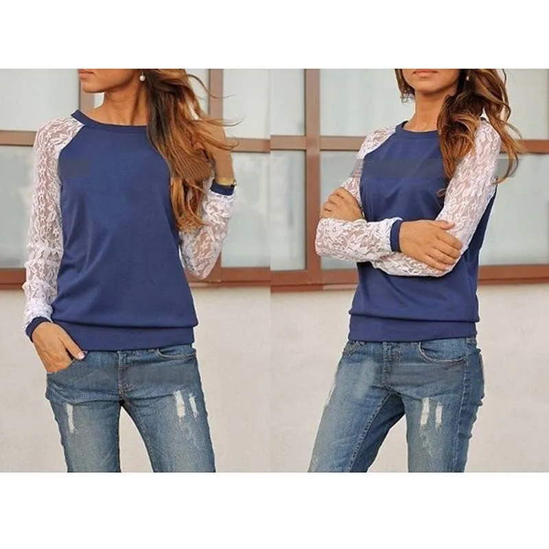 Lace Blouses Shirts Women Long Sleeve Blouse Shirt Shirt Blouse Shirt Tops Solid O Neck Casual