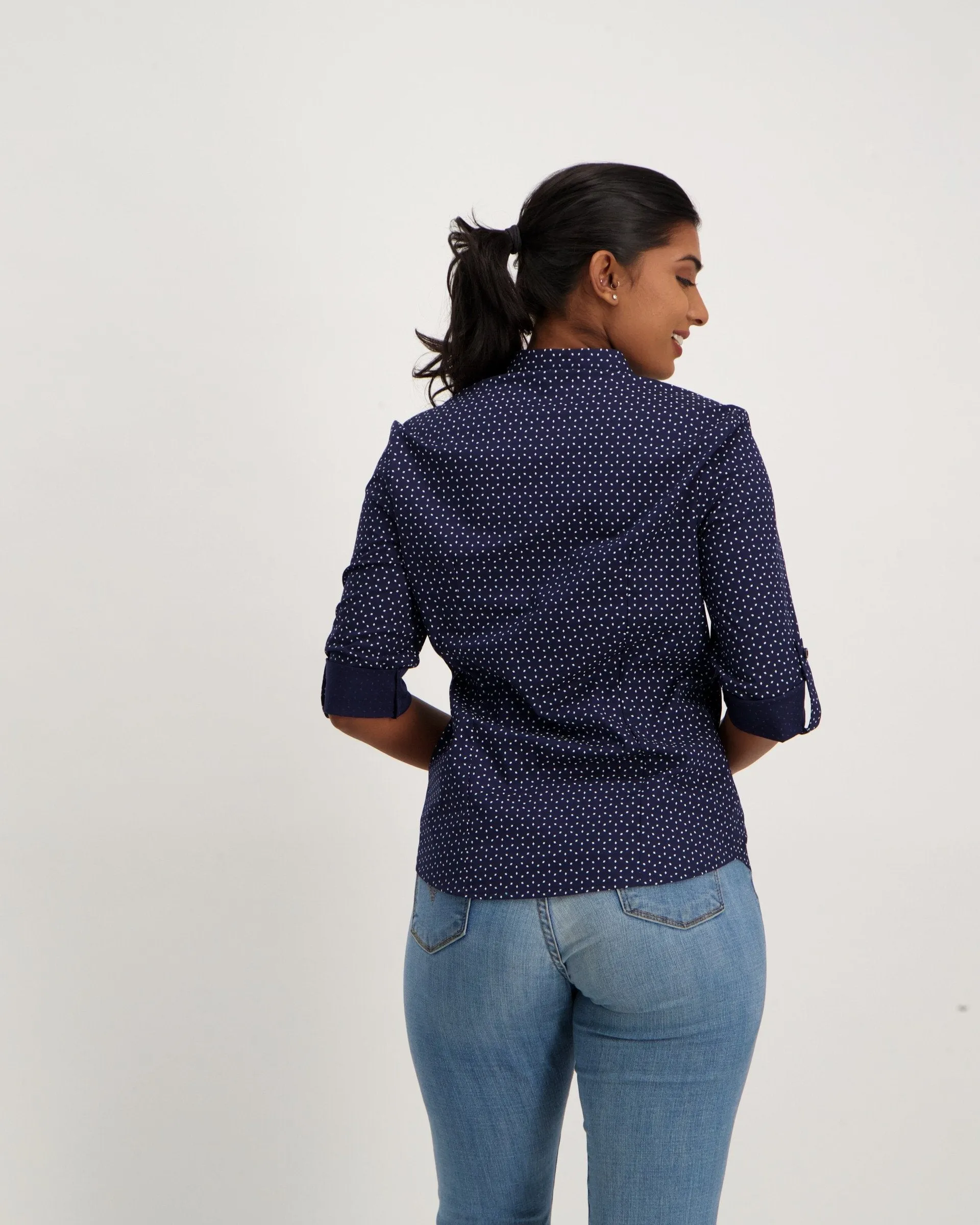 Ladies 3/4 Sleeve  Geo Print Mandarin Shirt - Navy