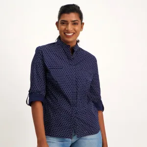 Ladies 3/4 Sleeve  Geo Print Mandarin Shirt - Navy
