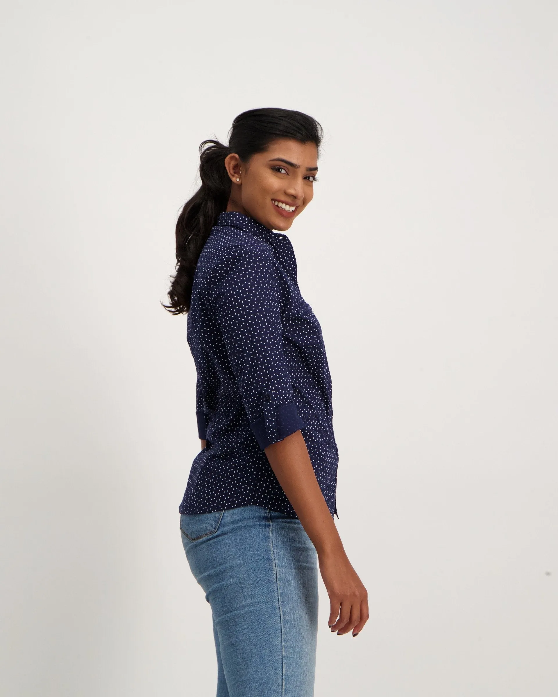 Ladies 3/4 Sleeve  Geo Print Mandarin Shirt - Navy