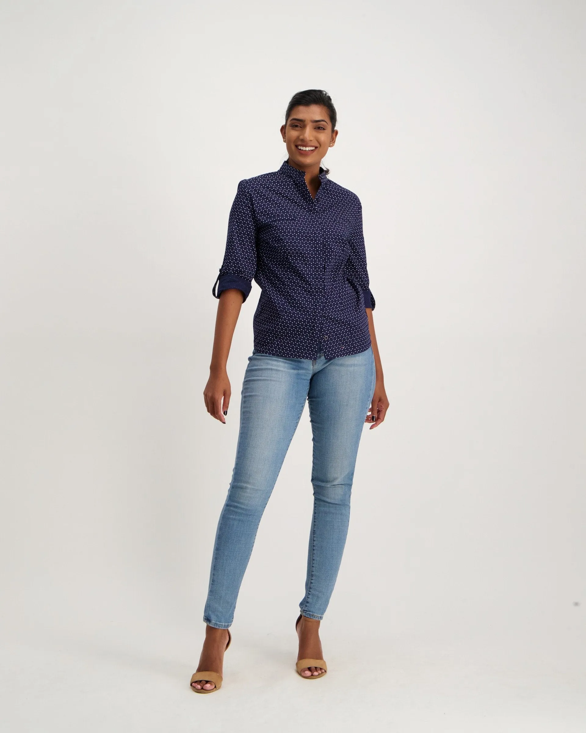 Ladies 3/4 Sleeve  Geo Print Mandarin Shirt - Navy