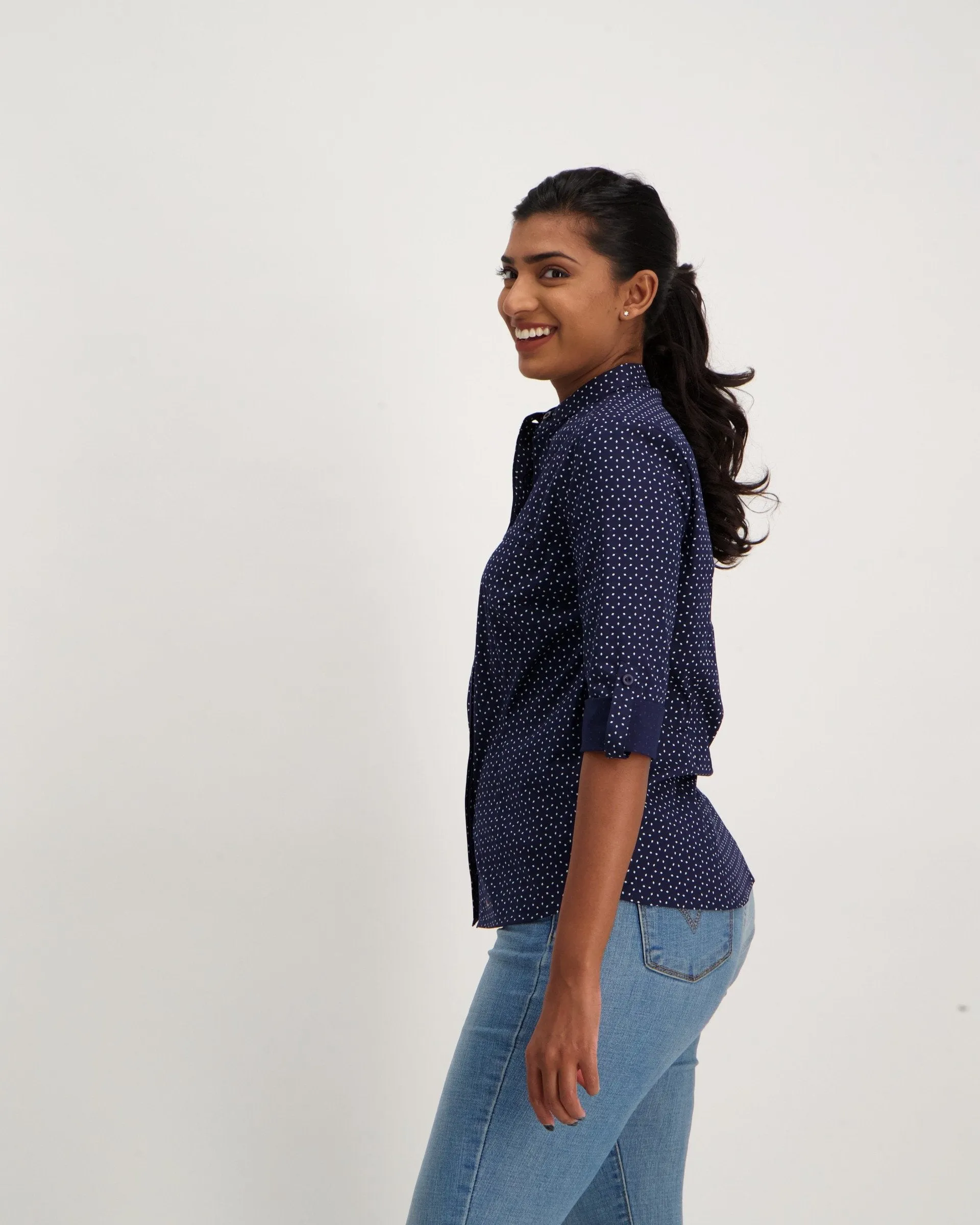 Ladies 3/4 Sleeve  Geo Print Mandarin Shirt - Navy