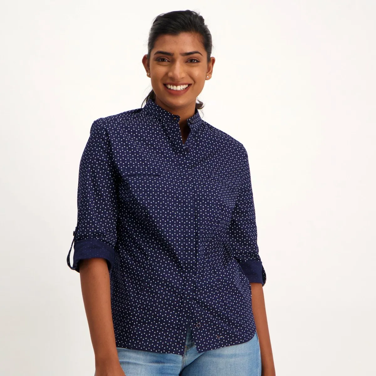 Ladies 3/4 Sleeve  Geo Print Mandarin Shirt - Navy