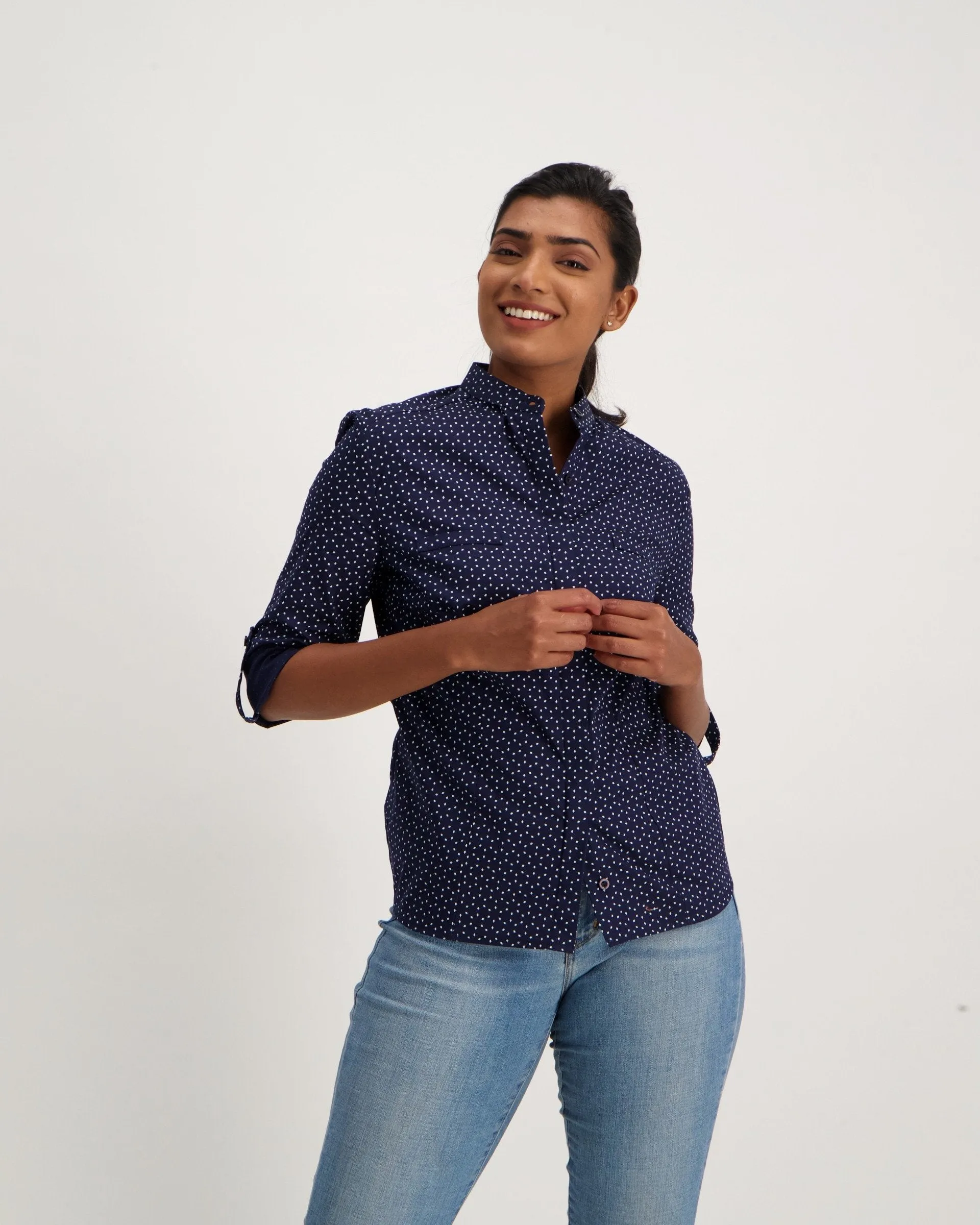 Ladies 3/4 Sleeve  Geo Print Mandarin Shirt - Navy
