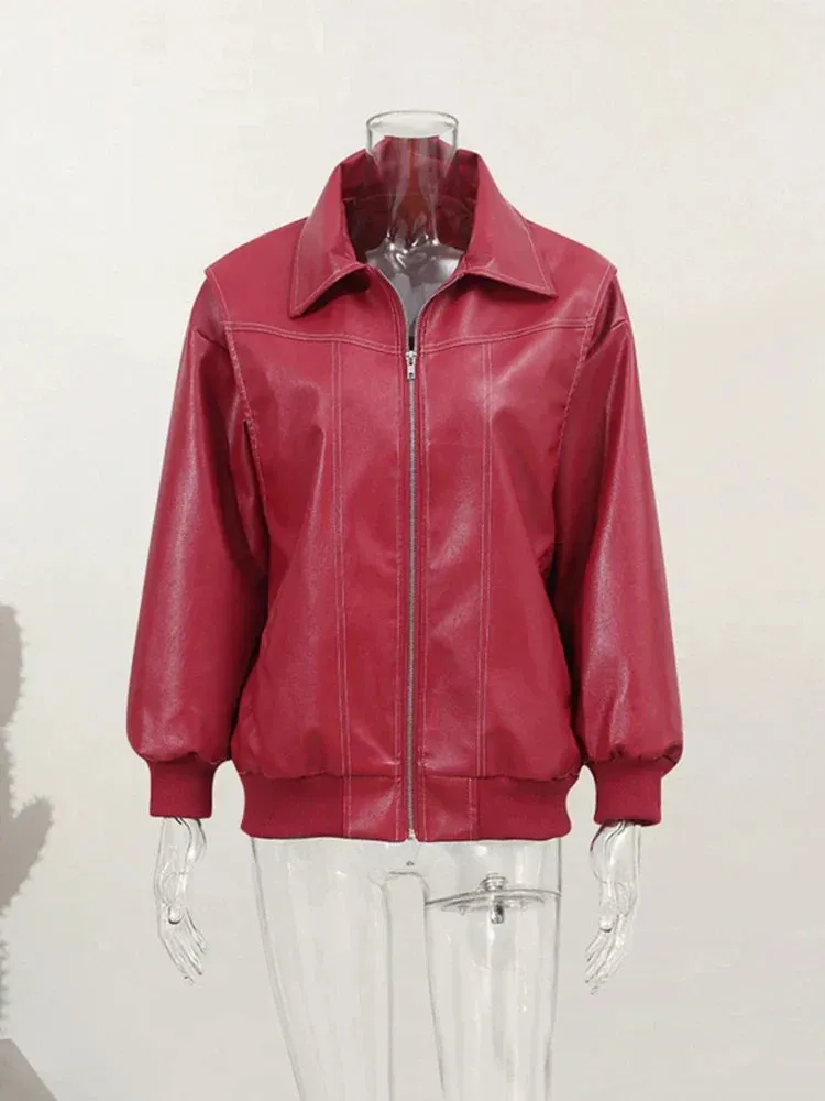 Ladies' leather-like riding coat with zip, long sleeves and turn-down collar