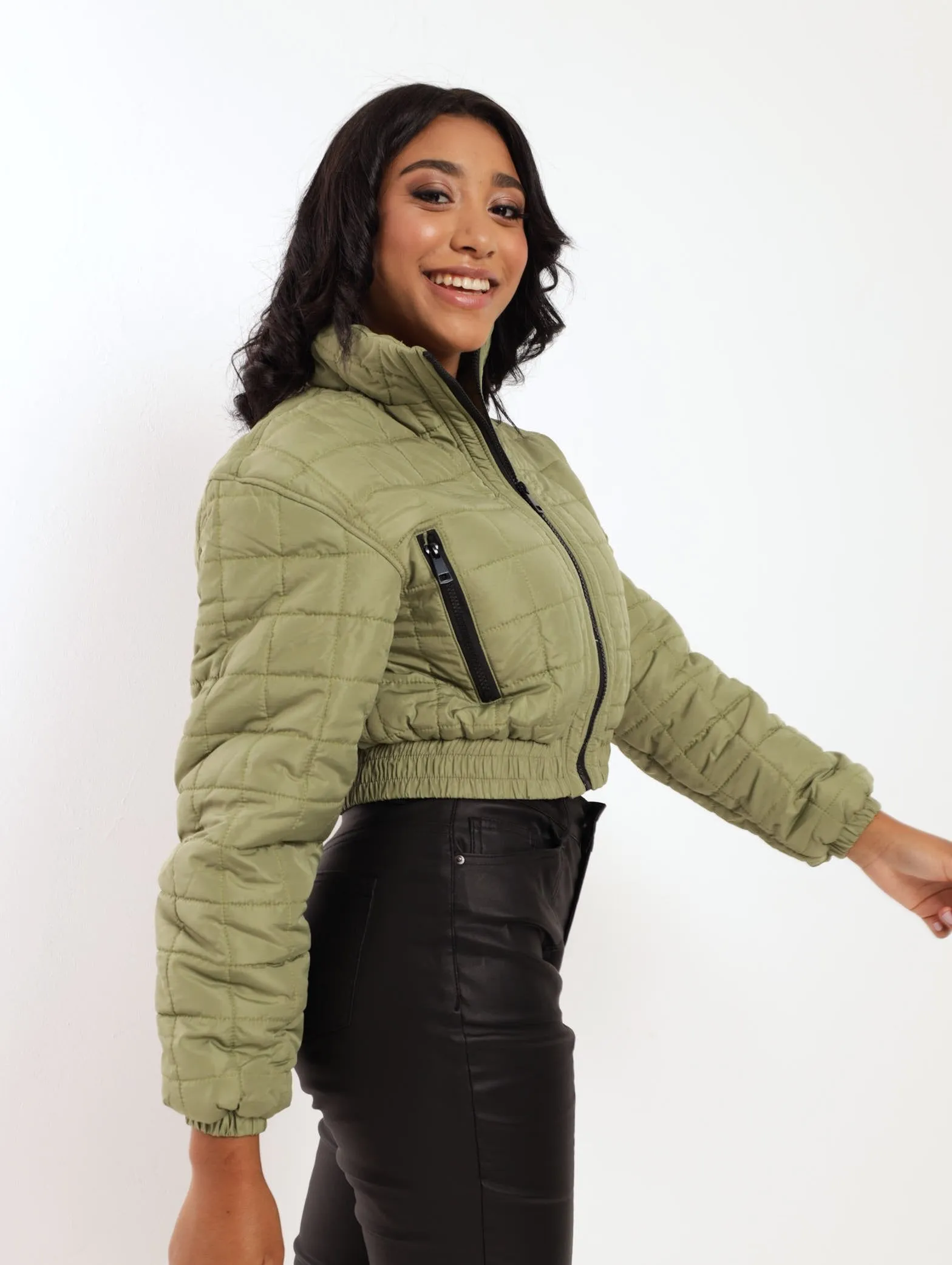 Ladies Quilted Cropped Zip Through Jacket - Fatigue