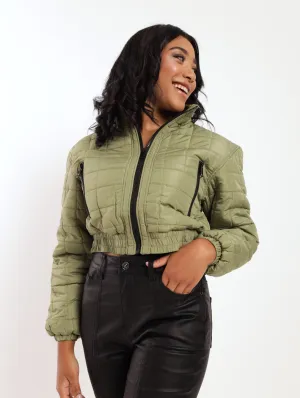 Ladies Quilted Cropped Zip Through Jacket - Fatigue