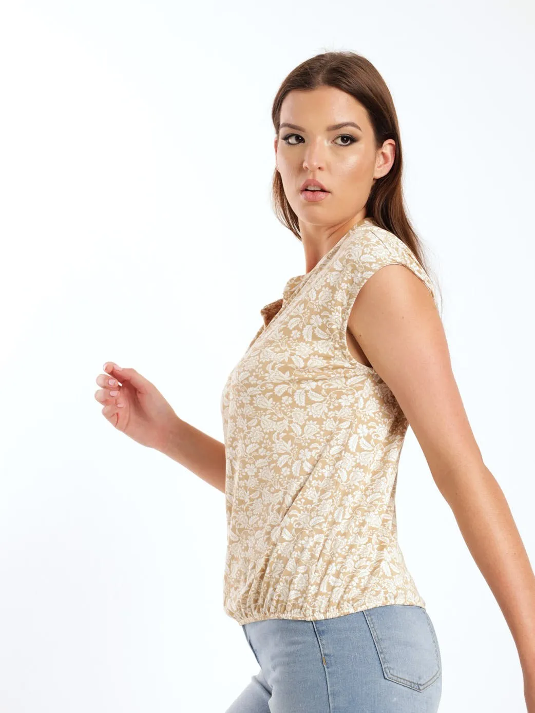 Ladies Short Sleeve Elasticated Mandarin Top - Stone