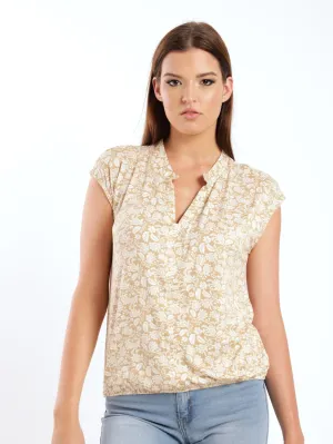 Ladies Short Sleeve Elasticated Mandarin Top - Stone