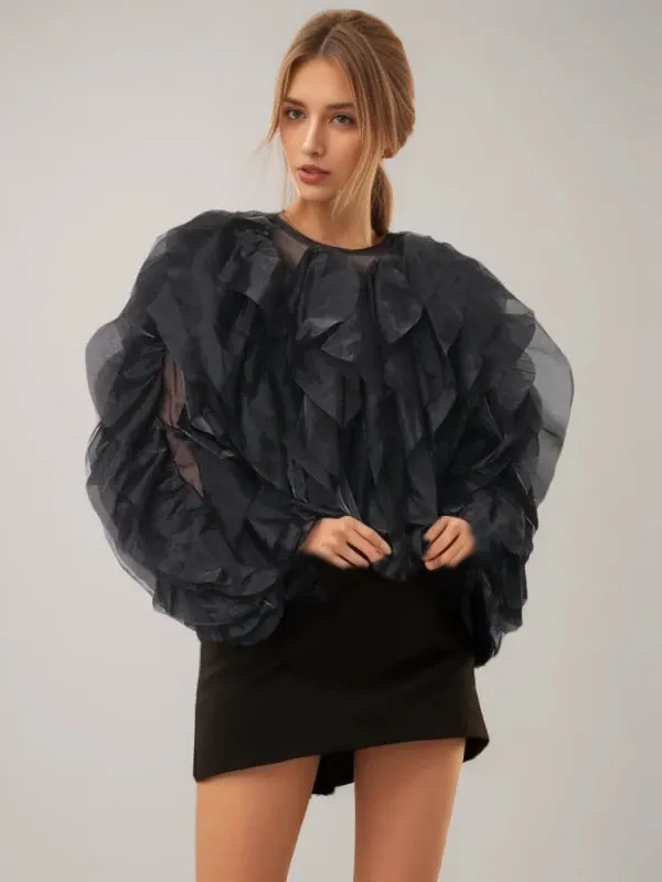 Lantern Long Sleeve Ruffle Short Blouses