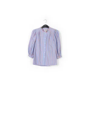 Light blue and orange striped cotton shirt with bead embellishments