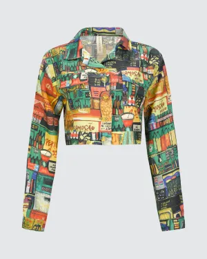 LINEN CROPPED JACKET IN MARKET PRINT