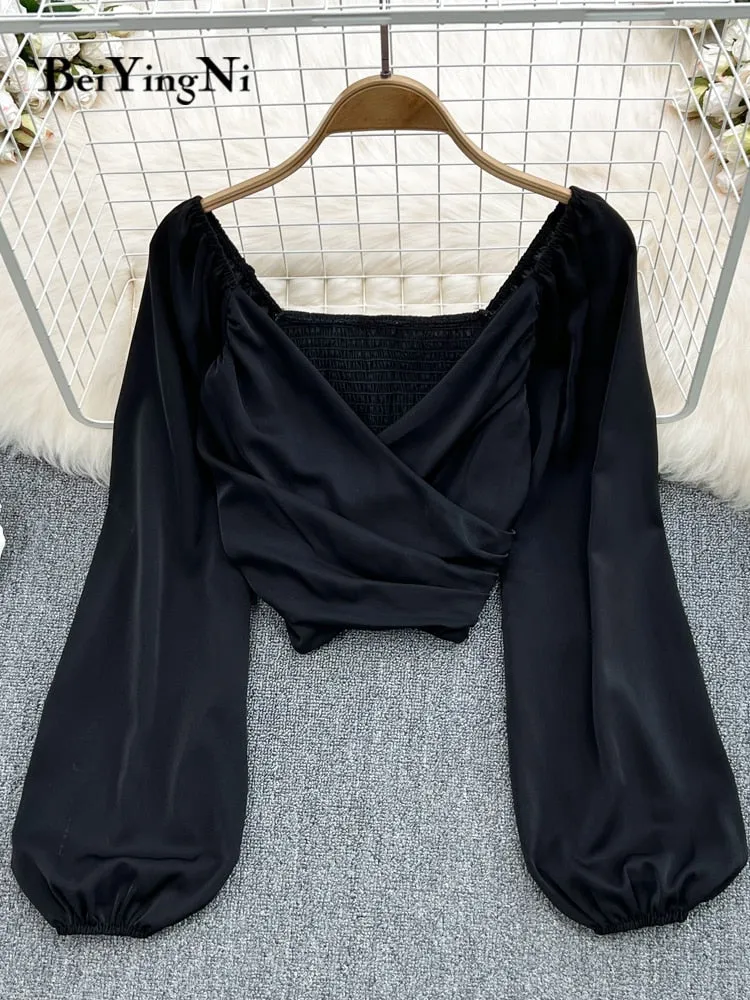 Long Puff Sleeve V-neck Blouse