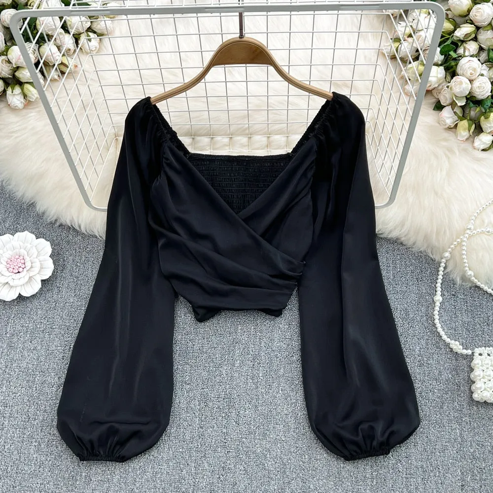 Long Puff Sleeve V-neck Blouse