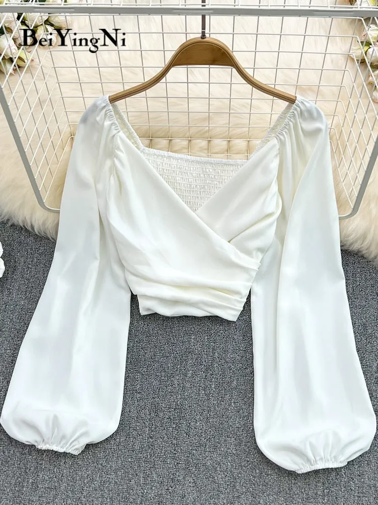 Long Puff Sleeve V-neck Blouse