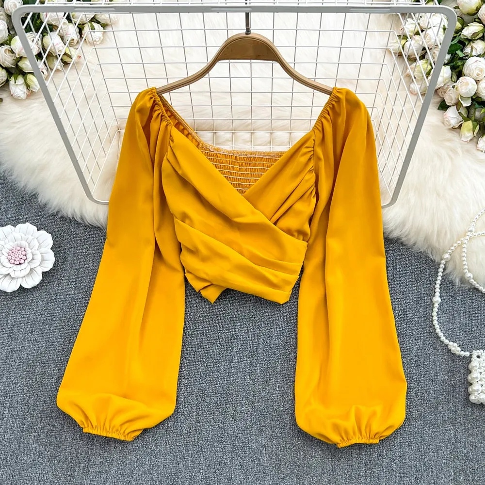 Long Puff Sleeve V-neck Blouse
