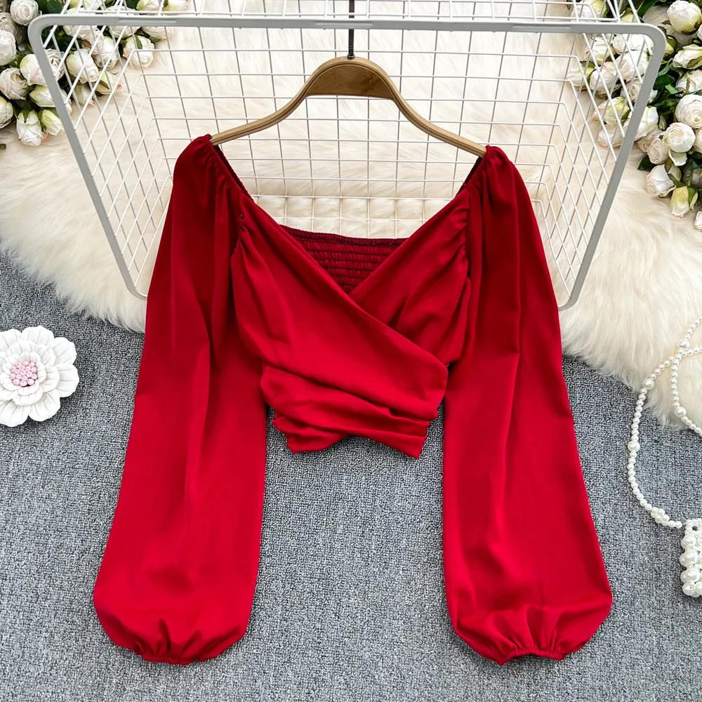 Long Puff Sleeve V-neck Blouse