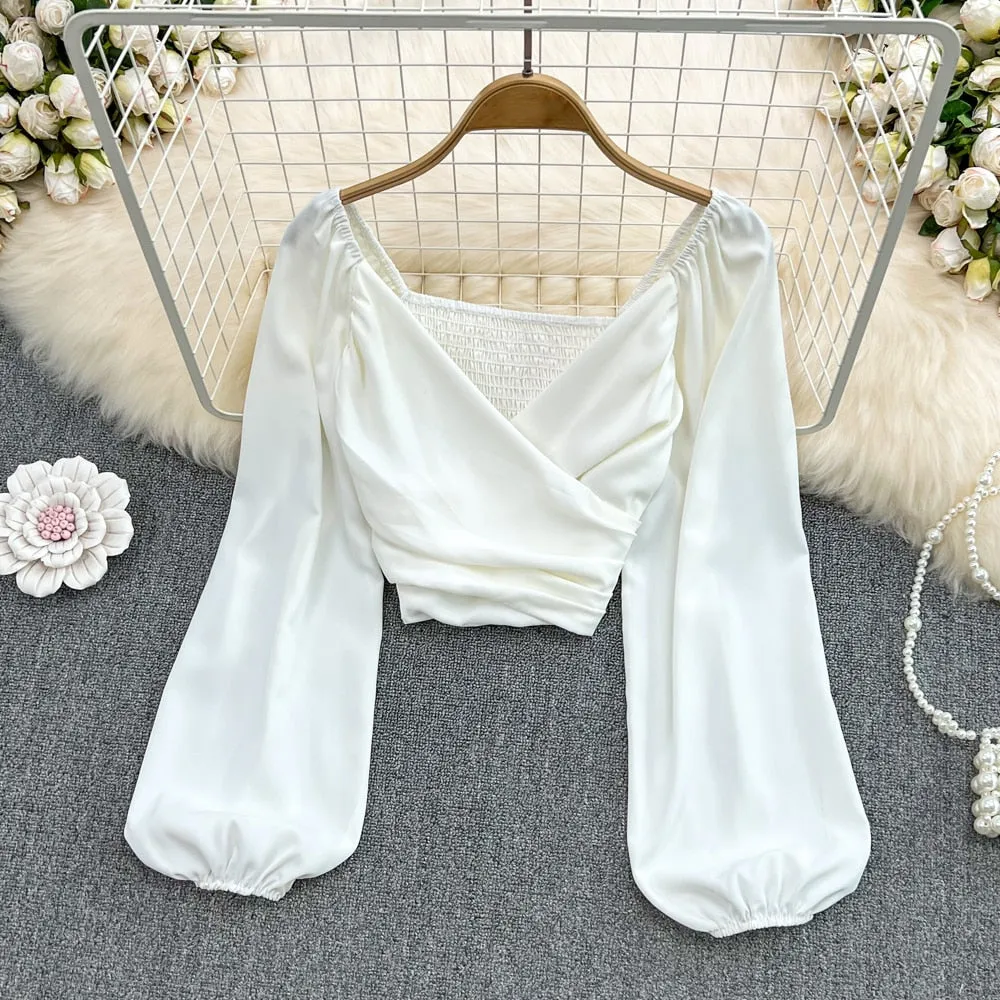 Long Puff Sleeve V-neck Blouse