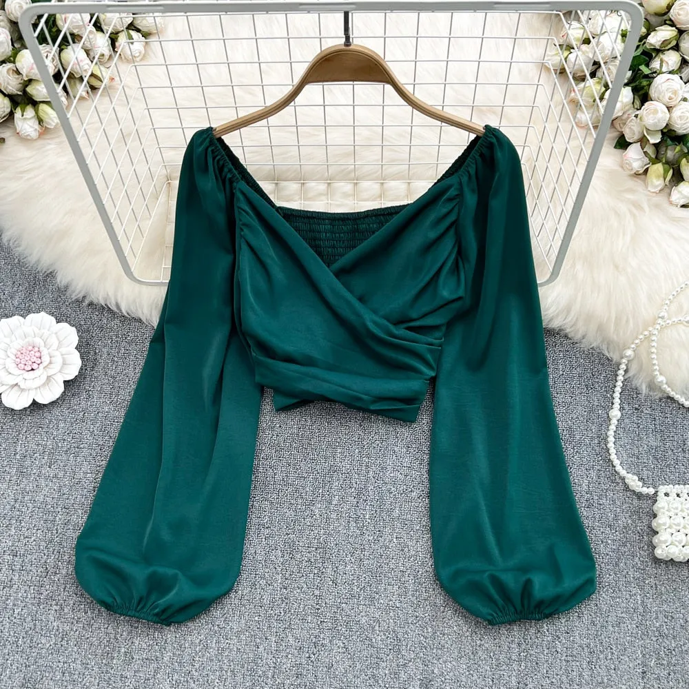 Long Puff Sleeve V-neck Blouse