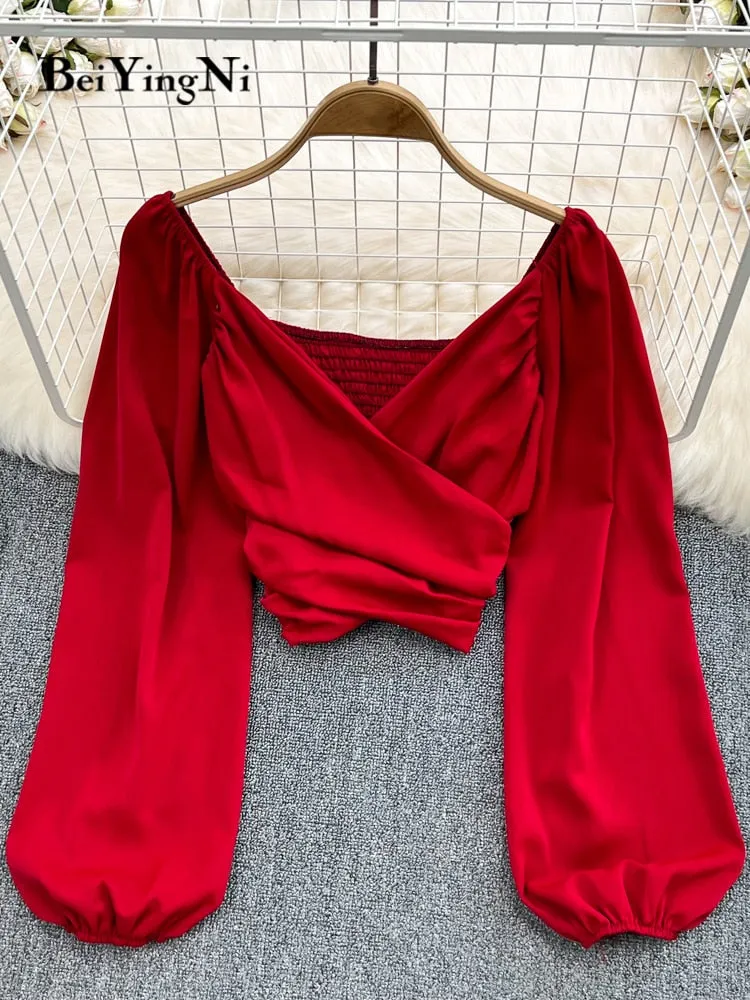 Long Puff Sleeve V-neck Blouse