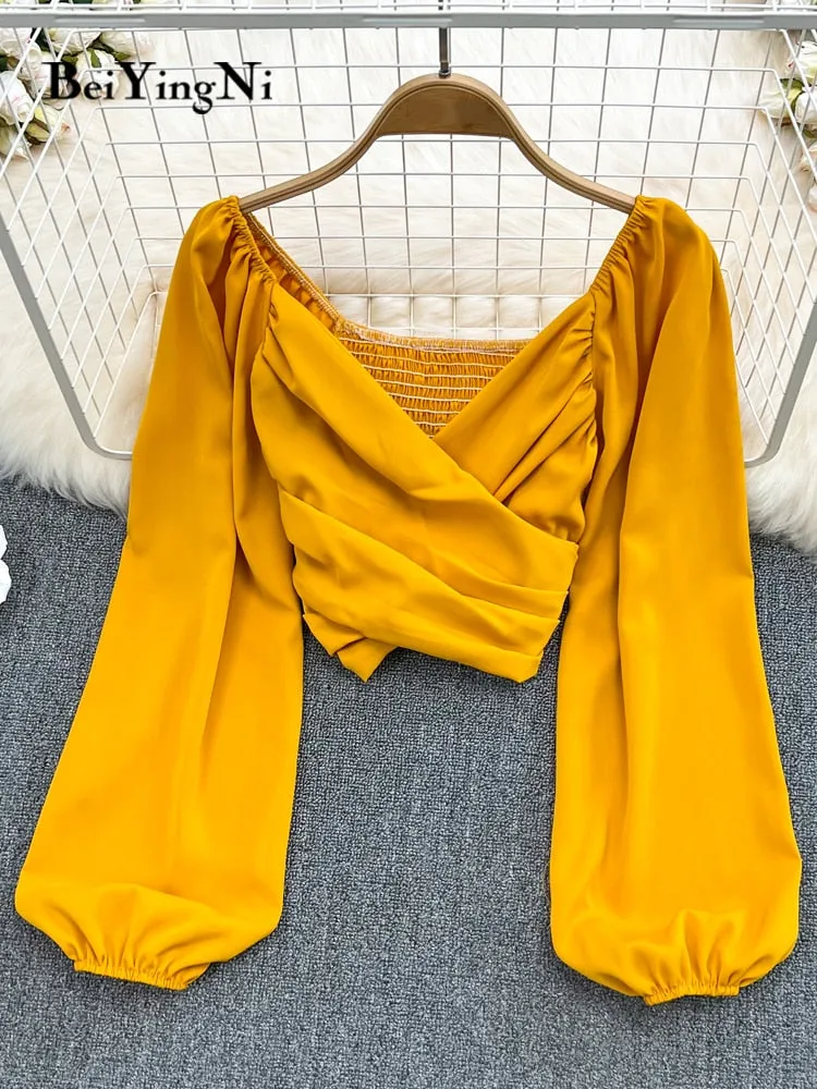 Long Puff Sleeve V-neck Blouse