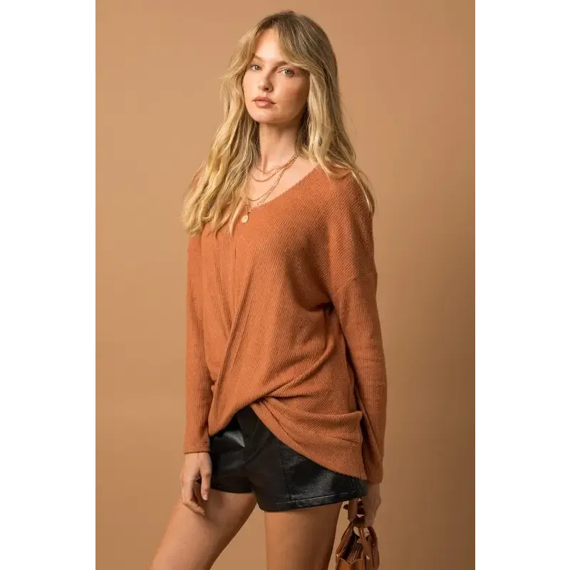 Long Sleeve V Neck Draped Top