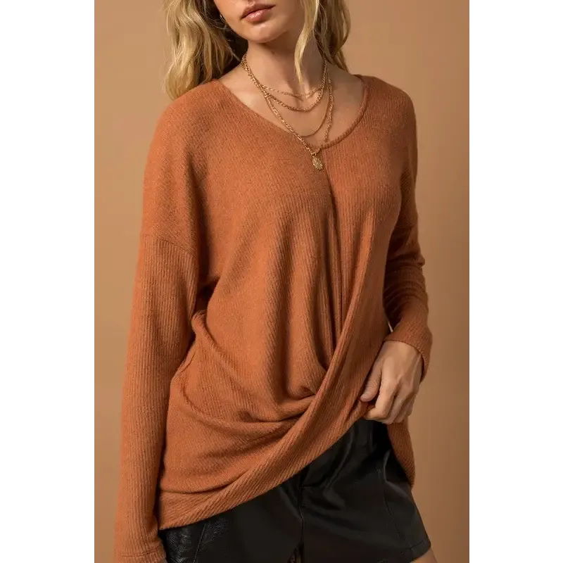 Long Sleeve V Neck Draped Top
