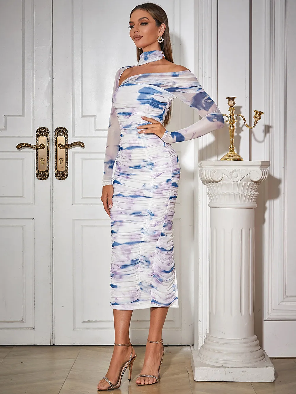 Long Sleeve Wrinkled Midi Bodycon Dress HB10059