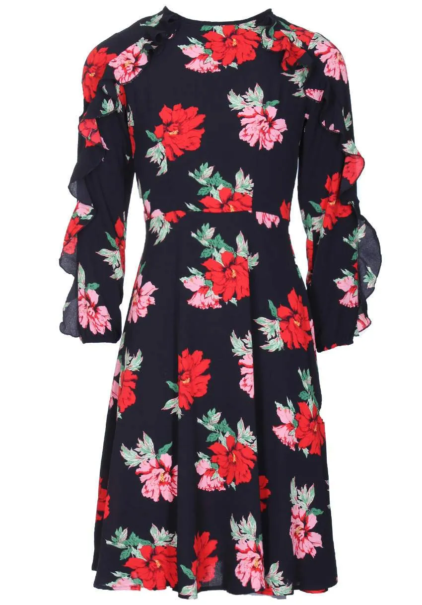 Long Sleeved Frill Black Skater Dress