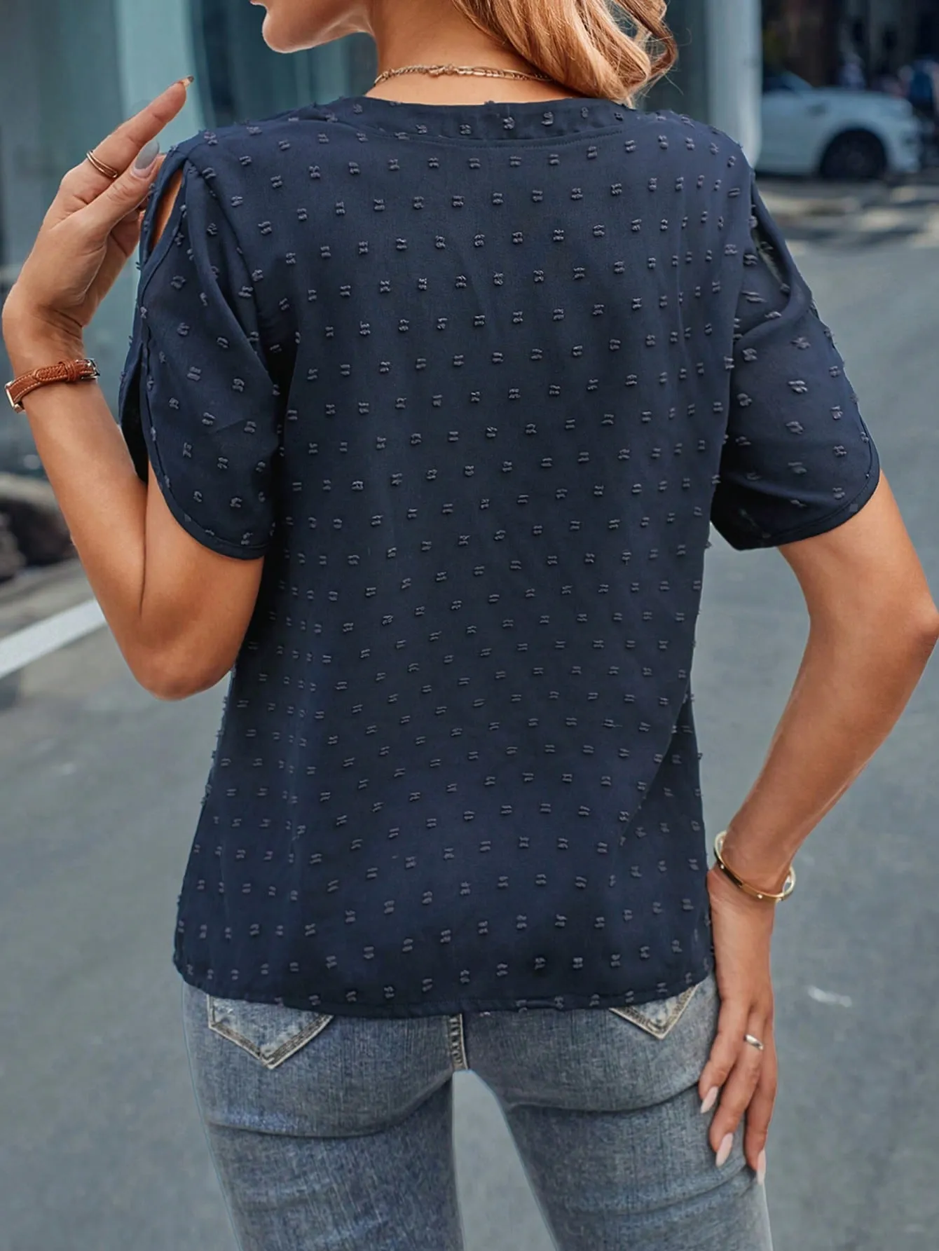 LUNE Swiss Dot Notched Neck Blouse