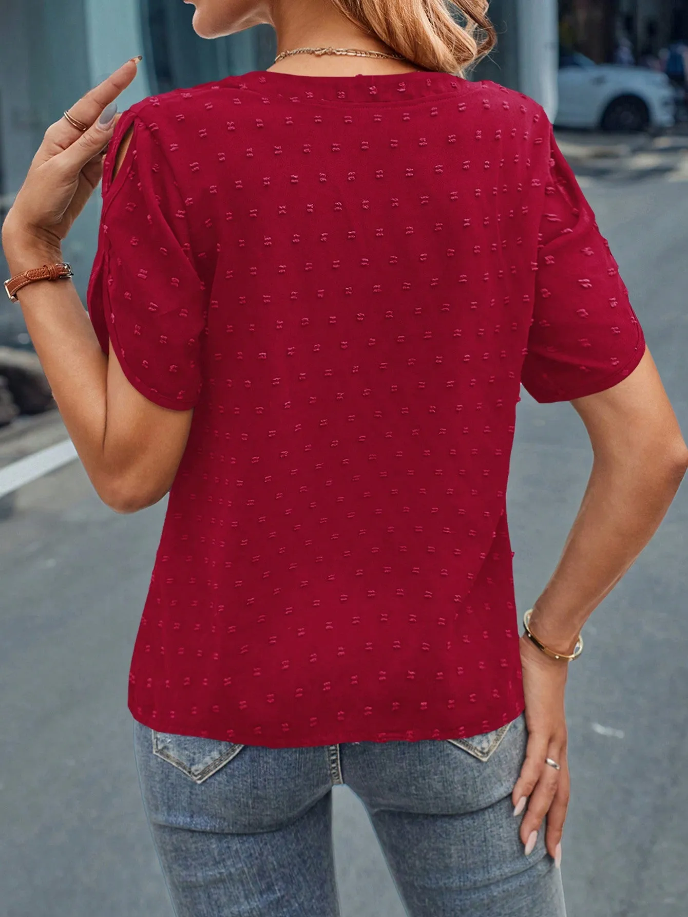 LUNE Swiss Dot Notched Neck Blouse