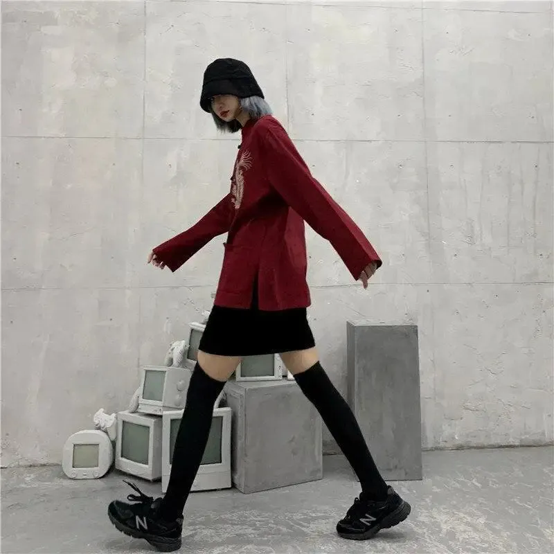 Mandarin Collar Shirt with Dragon Embroidery in Y2K Style